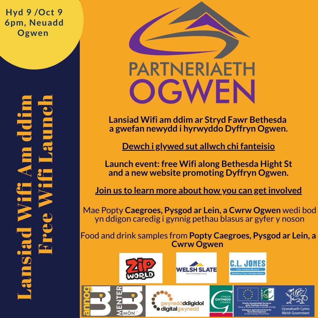 Busnesau Dyffryn Ogwen dewch yn llu! Lansiad WIFI Cymunedol a chipolwg ar wefan newydd i hyrwyddo’r ardal. Dyffryn Ogwen business event next Wednesday with a preview of a new website to promote the area and launch of a new free WIFI service for high st. #Ogwen #GwyneddDdigidol