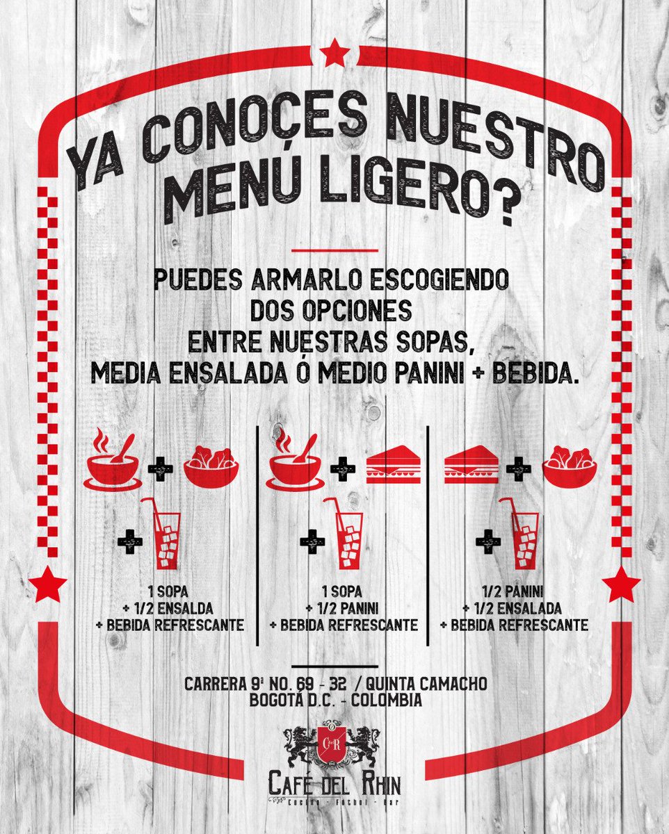 Para almorzar sin remordimientos creamos nuestro menú ligero.🥗🍲🥤 Puedes armarlo como quieras, escogiendo dos opciones entre nuestras sopas, ensaladas o  paninis,y una bebida refrescante baja en azúcar y calorías. Cero remordimientos con la dieta, pruébalo por solo 13.900 ⚪🔴
