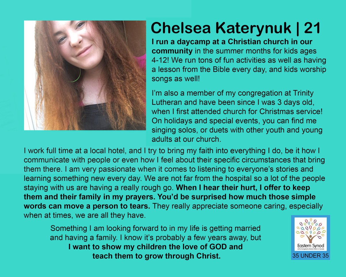 ElcicYoungAdult's tweet photo. YA #54 is Chelsea! Chelsea shares about how she brings her faith into everything she does, and how a few simple words can touch a person and move them to tears.
#35Under35 #rftfuture #myELCIC https://t.co/Klg7yofgxy