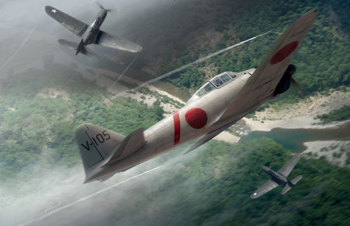 theaviationart's tweet photo. A Tainan Kokutai #A6M2 Zero‑sen of the 1st Chutai breaks away from an early morning patrol to engage a pair of P‑39Ds from the 8th FG as they fly low over the Markham River in the direction of Lae airfield in May 1942.
 by Gareth Hector
#zero #p39 #MarkhamRiver #LaeAirfield https://t.co/GX1Tm7UysX