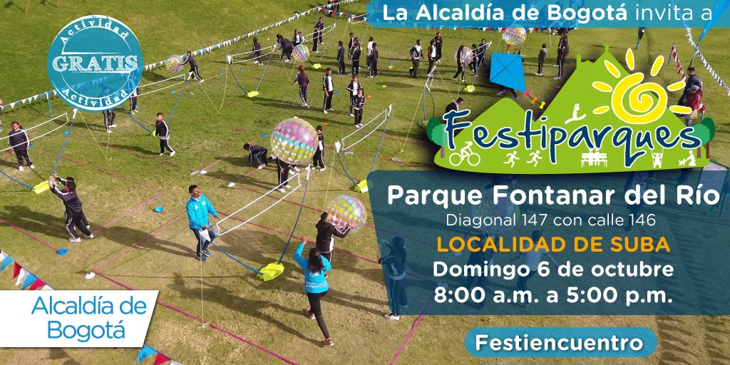 IDRD's tweet photo. Este domingo 6 de octubre te esperamos en un nuevo #Festiparque desde Fontanar del Río en Suba.
Tendremos:
👉Punto Cuídate y Sé Feliz 😃
👉Nuevas Tendencias Deportivas 🛹🚲
👉Recreovía con sesiones de actividad física 💪🏻
👉Vacunación humana y animal 🐶🙋♂️
¡Y mucho más! https://t.co/fAJGMJ0rFg