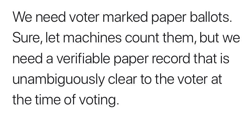 More voters using the election-insider phrase “voter marked paper ballots” in the wake of the DEFCON report. (I removed their handles). Again, most voters don’t realize that insiders have decided the phrase includes controversial & dangerous BMDs sold 4 use by all voters. 25/