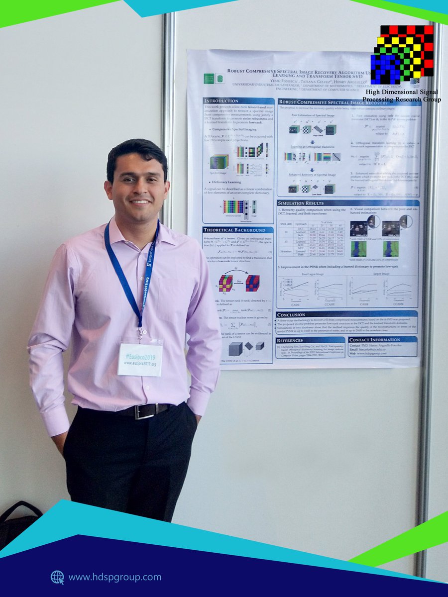 HDSPgroup's tweet photo. El estudiante de MSc. en Matemáticas, Yesid Fonseca, presentó su trabajo de investigación, Robust Compressive Spectral Image Recovery Algorithm Using Dictionary Learning and Transform Tensor SVD, en 27th EUSIPCO 2019.
La Coruña, España, del 02 al 06 de septiembre. https://t.co/apXRjA5dGL