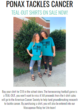 MassaponaxHS's tweet photo. Ponax Tackles Cancer shirts are available in the school store.   All proceeds will go to the American Cancer Society. https://t.co/RA87ILknml
