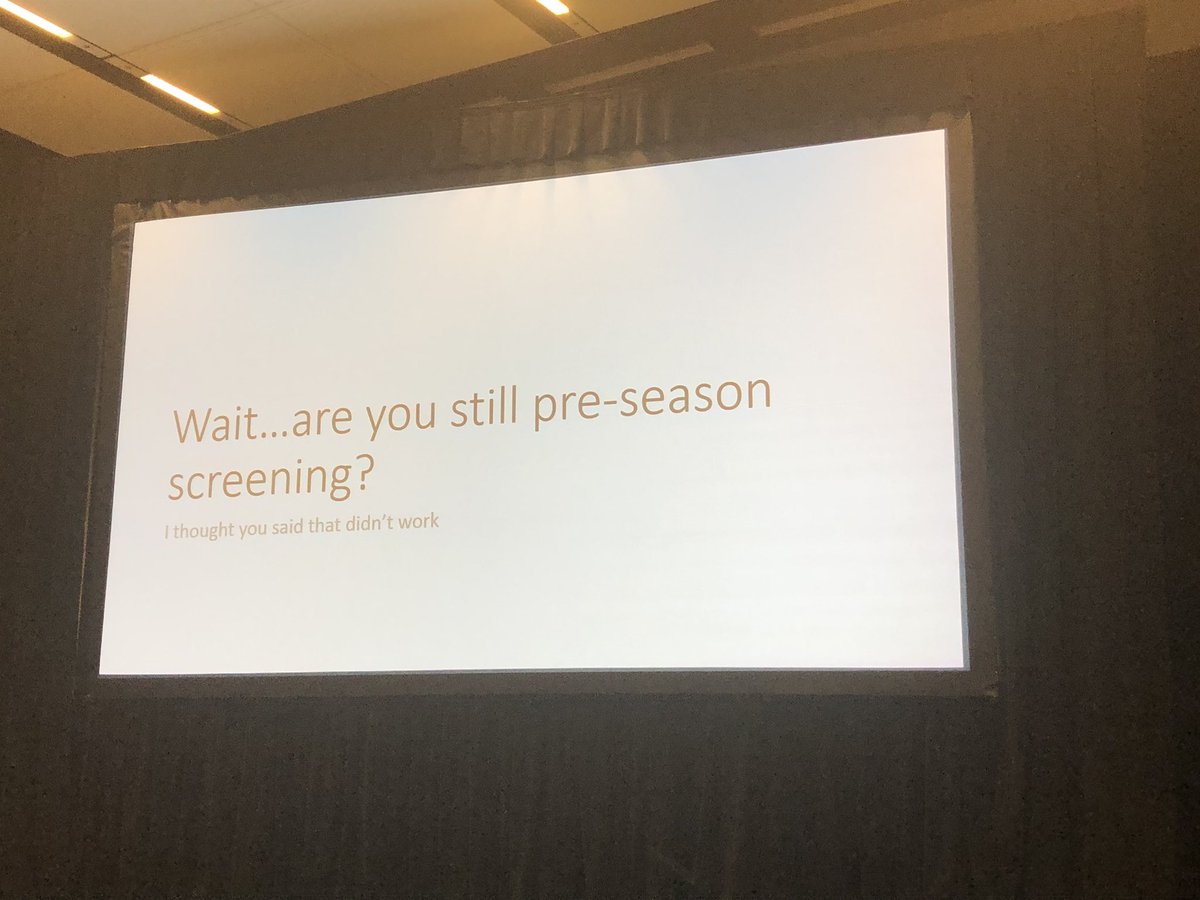 Dec_Norris's tweet photo. Great presentations on the benefits of injury “screening”....we may not be able to predict injuries but there are still numerous benefits...

Identify pre-existing issues
Monitor performance
Plan return to play
Building rapport / therapeutic alliance

#SPC2019 https://t.co/vLEF01gnyD