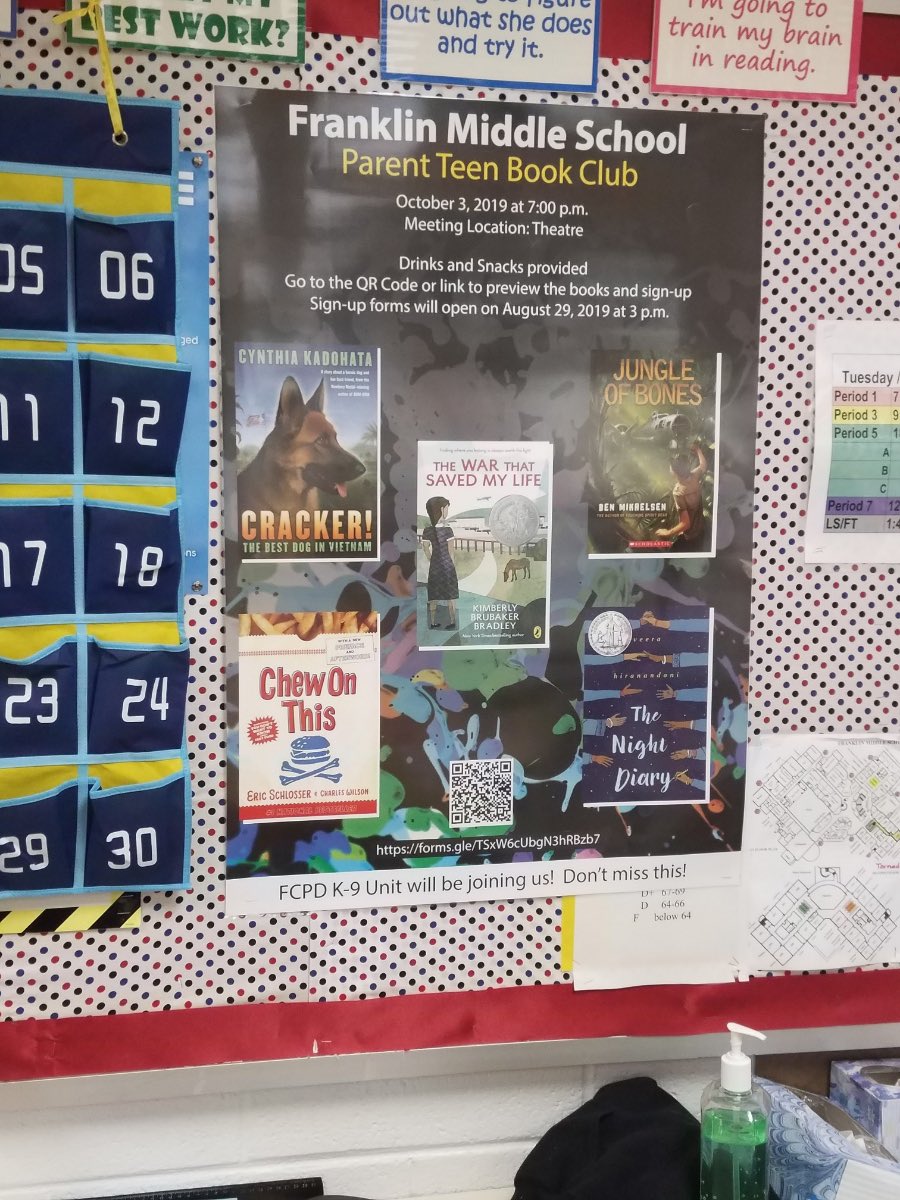 FCPSFranklinMS's tweet photo. Great turnout last night for Parent-Teen Book Club! Thanks to PFC Brad Chiz and K-9 Vaden for coming out to @FCPSFranklinMS @FCPSR5 @fairfaxcountyPD #fcpsliteracy https://t.co/lSVjie6qia