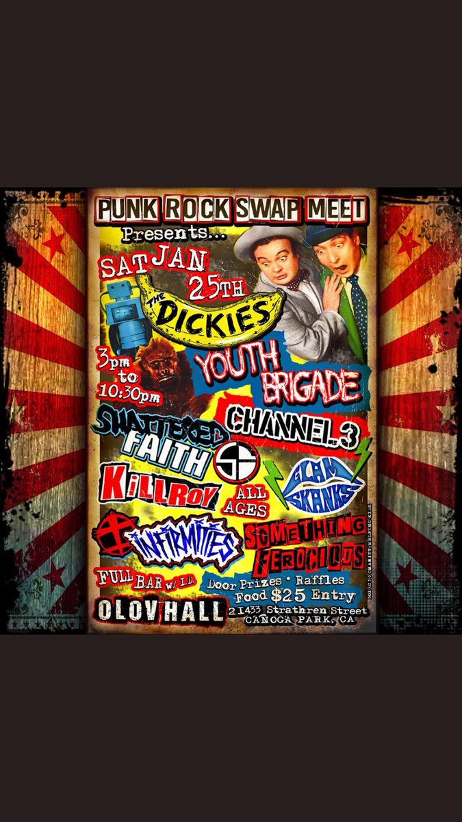 Ferocious_Band's tweet photo. On sale this Friday at noon PST! Grab your tickets for this killer show. See link below.    https://t.co/bZCB4EFUY4 #TheDickies #YouthBrigade #Channel3 #ShatteredFaith #Killroy #GlamSkanks #SomethingFerocious #PunkRockSwapMeet https://t.co/vwbZsqNnZn