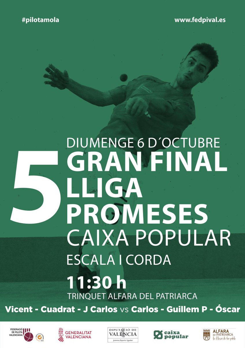 El proper diumenge, Vicent Peydro @00peydro jugarà la final de la Lliga Promeses <a href="/caixapopular/">Caixa Popular</a> al trinquet d'Alfara. Un orgull per al Club i per a l'Escola de pilota de Vinalesa. Enhorabona i a gaudir! #pilotavalenciana