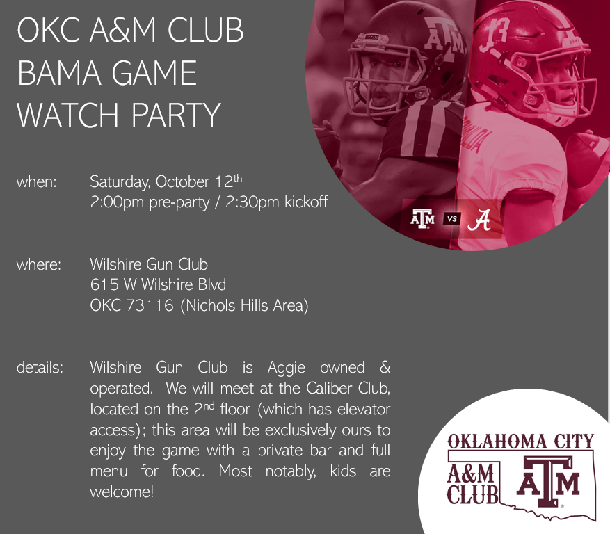 OKCTAMU's tweet photo. Howdy! Our next event of the season will be on October 12th to watch our Fightin’ Texas Aggies BTHO current top-ranked Alabama Crimson Tide. 

For more information, please visit our club's site: https://t.co/DfzRXQCopL https://t.co/Sn65BfLNIX