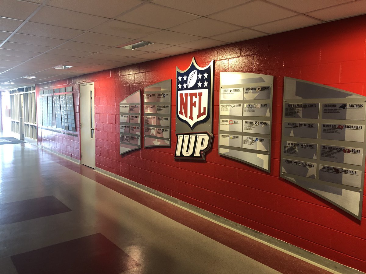 IUPCrimsonHawk's tweet photo. Excited to show off more improvements to the Memorial Field House! 

All-Americans, IUP in the NFL and an @IUPfootball championship section have been installed to the back wall. 

#TalonsUp https://t.co/7UGaGOTVWp