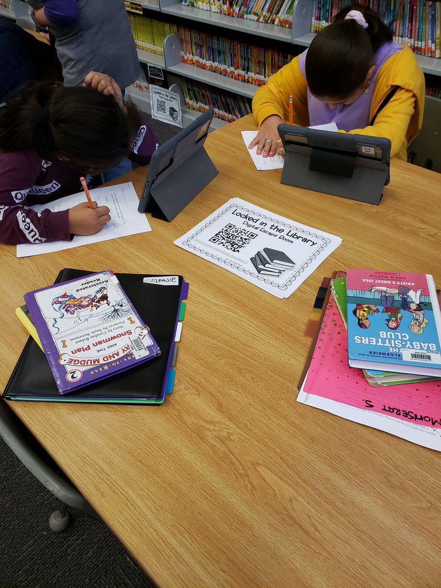 MrsKSpringfield's tweet photo. 5th graders began a digital breakout today in the library. Today, they sorted book titles by their author's purpose and  ended up with a 3 digit code. Next week, they will get another code with a figurative language lesson. This was fun! https://t.co/ytrt6gGIJI