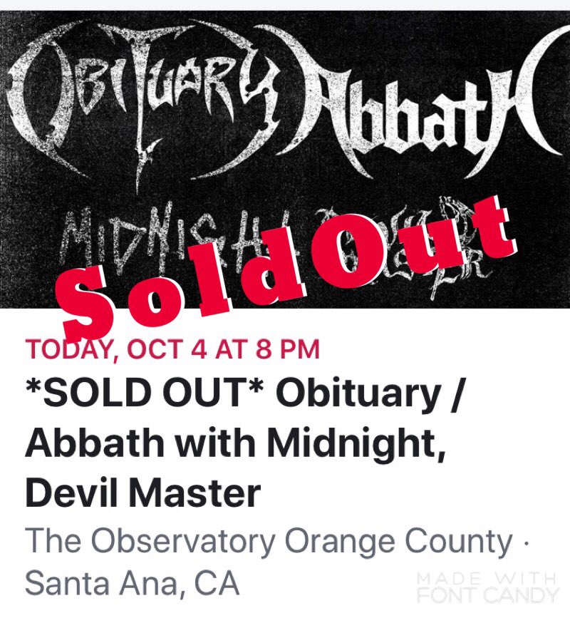 obituarytheband's tweet photo. SantaAna..are you ready for tonight?
Another SoldOut Show!!!
This is going to be Sick!!
#SoldOut
#RottingSlow https://t.co/xoZk4kKg83