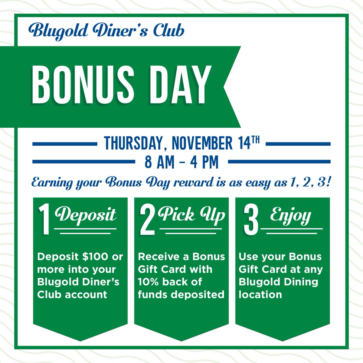 BlugoldDining's tweet photo. BONUS DAY IN T-MINUS 24 HOURS. Get ready to get some 💸 back Blugolds! https://t.co/CeTpv0E1EU