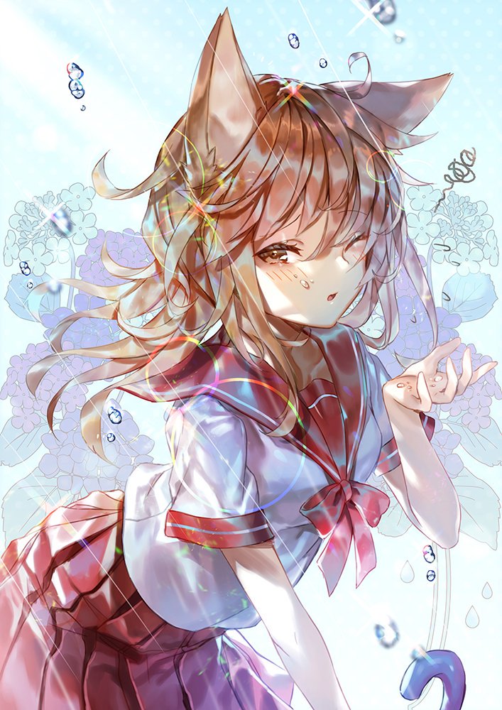 エモイラ 韓ｲ言祈願 でけた イラストリクエストのオリジナル狐娘ちゃんです 虹色のエフェクトが良い感じに決まったかなって思う 小並 突然の天気雨に打たれて困り気味の狐娘ちゃん 季節感ガン無視の絵になります T