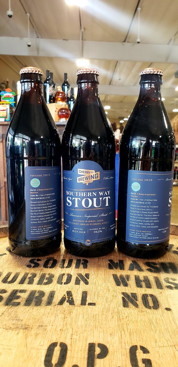 TheBottleShopga's tweet photo. We had a blast on this collaboration with @cherrystreetbre! Southern Way Stout was aged 1 year in our @4RosesBourbon barrel. Available at the store tomorrow (10/5) and on draft at @11thandbay, @CerronesPizza, and Stock Market. #GAbeer #southernwaystout #southernbreadpudding https://t.co/uMcLQ4R7HK