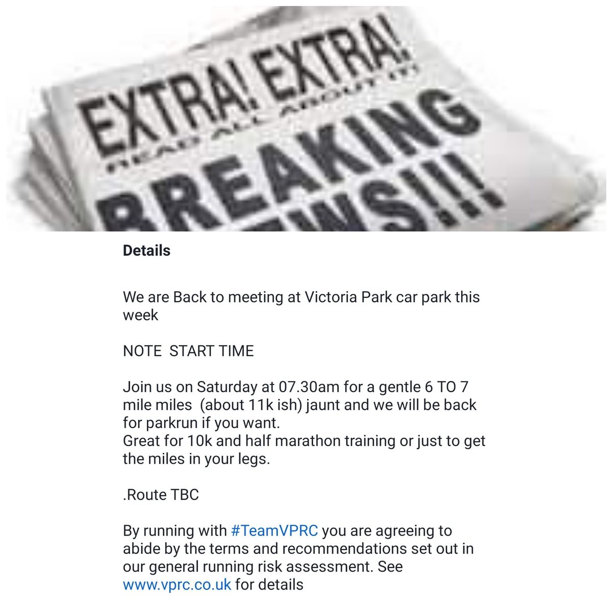 vprc_warrington's tweet photo. ***** EXTRA EXTRA EXTRA *****

#SaturdayMorningExtras returns tomorrow with a 6-7miler leaving the park at 07:30 prompt. This is to get us back to the park for @parkrunuk 

See you all in the morning... probably in the rain and wind. 

#TeamVPRC #MilesWithSmiles #Running https://t.co/ZtVE6ZQ2xi