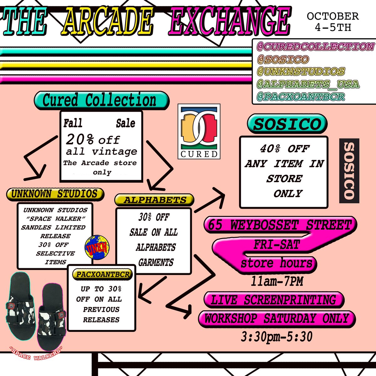 sosico's tweet photo. THE ARCADE EXCHANGE

40% OFF in-store Today &amp; Tomorrow at the SOSICO. Flagship store in downtown Providence.

65 Weybosset St.,
Providence, RI https://t.co/JKZhxCZCaq