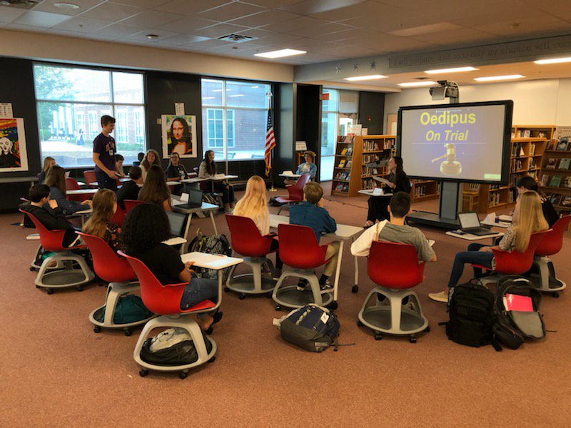 WadeHampton_HS's tweet photo. Students in Mrs. Sanson and Mrs. Fipps' @WHHS_FA classes hosted a mock trial in the Library today. They mirrored all the roles associated with a trial and put their learning into practice.
#LeadingLikeGenerals #HighRigor https://t.co/Bco6yeYJkb