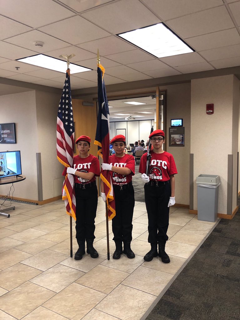 TafollaToros's tweet photo. SGM Ricks and the Tafolla LOTC Color Guard proudly presented the colors this morning @ESCRegion20 for the National #CHiSL Leadership Conference. https://t.co/c5txhhJtE1