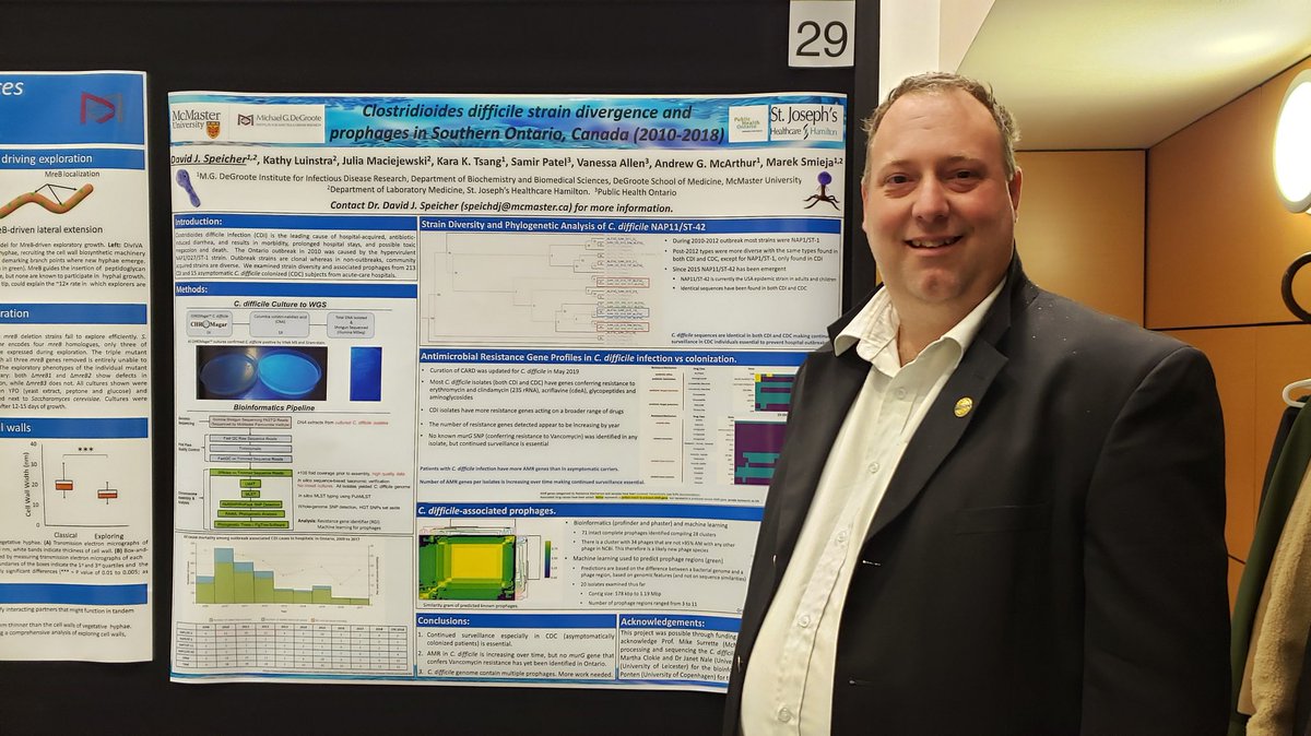 DJSpeicher's tweet photo. Presenting my work with @agmcarthur on C. difficile diversity and prophages at #traineeday @McMasterIIDR @ResearchStJoes https://t.co/w2cuB0Pqk3
