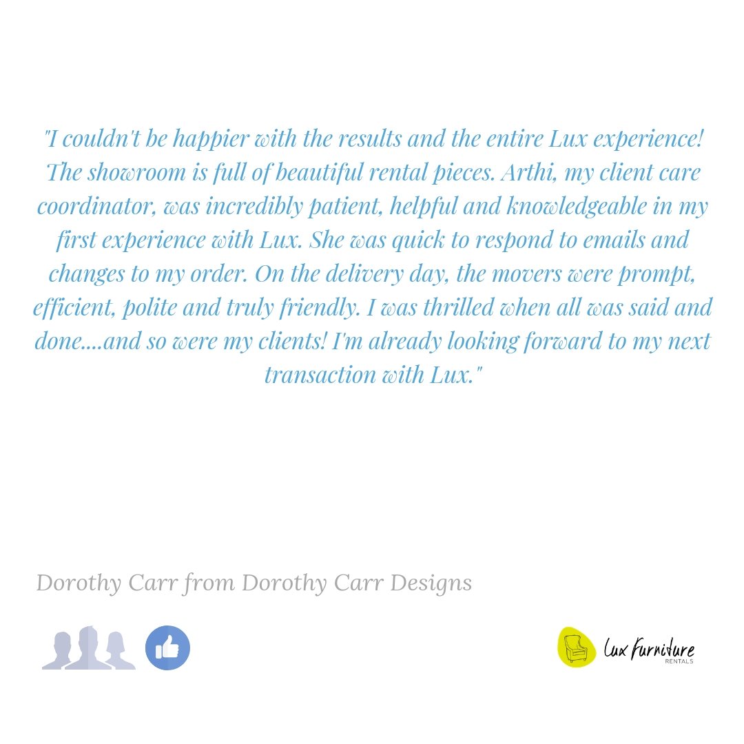 Huge shoutout to Dorothy from Dorothy Carr Designs for leaving us this really wonderful review! 💌#luxfurniturerentals #rentwithlux #homestaging #realestate #stagingsells #gtarealtors #gtahomestagers  #torontostaging  #fridayfeature #clientreview #facebookreview