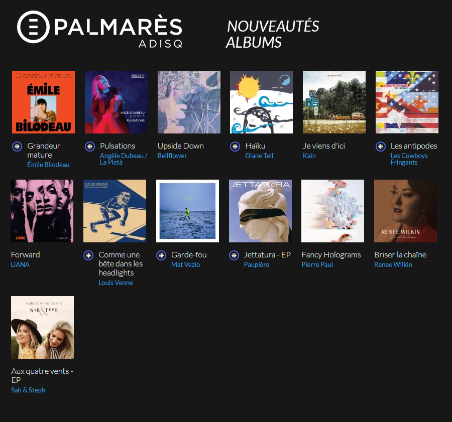 ADISQ_'s tweet photo. Nouveautés albums sur #PalmarèsADISQ ➡️ https://t.co/POrkOVPLN7

Découvrez les nouveaux albums de @BELLFLOWERmtl, @dianaros, @KAINofficiel, @LesCFringants, @lianabureau, @MatVezio, @paupiereband @Renee_Wilkin, @Sab_Steph_Music et plusieurs autres ✨ https://t.co/yxvdY6GM1i