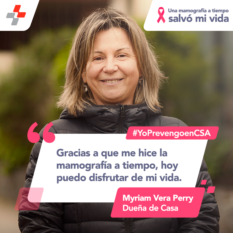 “Gracias a que me hice la mamografía a tiempo, hoy puedo disfrutar de mi vida.”

Así como Myriam, tú también puedes prevenir con una simple mamografía 🎗💟

Llámanos al 800100555 o escríbenos al correo: unidadeimagenesmamarias@centroagb.cl

#YoPrevengoenCSA