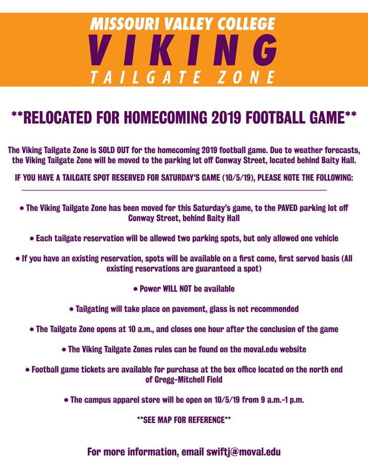 missourivalley's tweet photo. The Viking Tailgate Zone has been relocated for the 10/5/19 football game. See information and details below. The Tailgate Zone will open at 10 a.m. tomorrow. https://t.co/QL8a7Pha9R