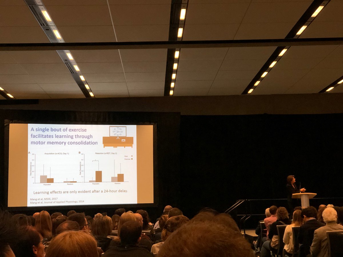 JaneSThornton's tweet image. Dr. Lara Boyd - “Exercise enables motor memory consolidation in a single bout and even in a short period of time.” Increases BDNF too! Intensity matters. Big takeaways here @spc2019 #movementismedicine #exerciseworks