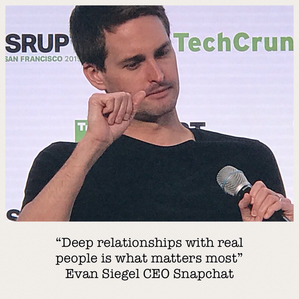 Snapchat has 200 million active users with over 10 billion videos viewed everyday ... in an online social space interesting to hear the Founder and Ceo say...

#ilose #techcrunch #disrupt #snap
