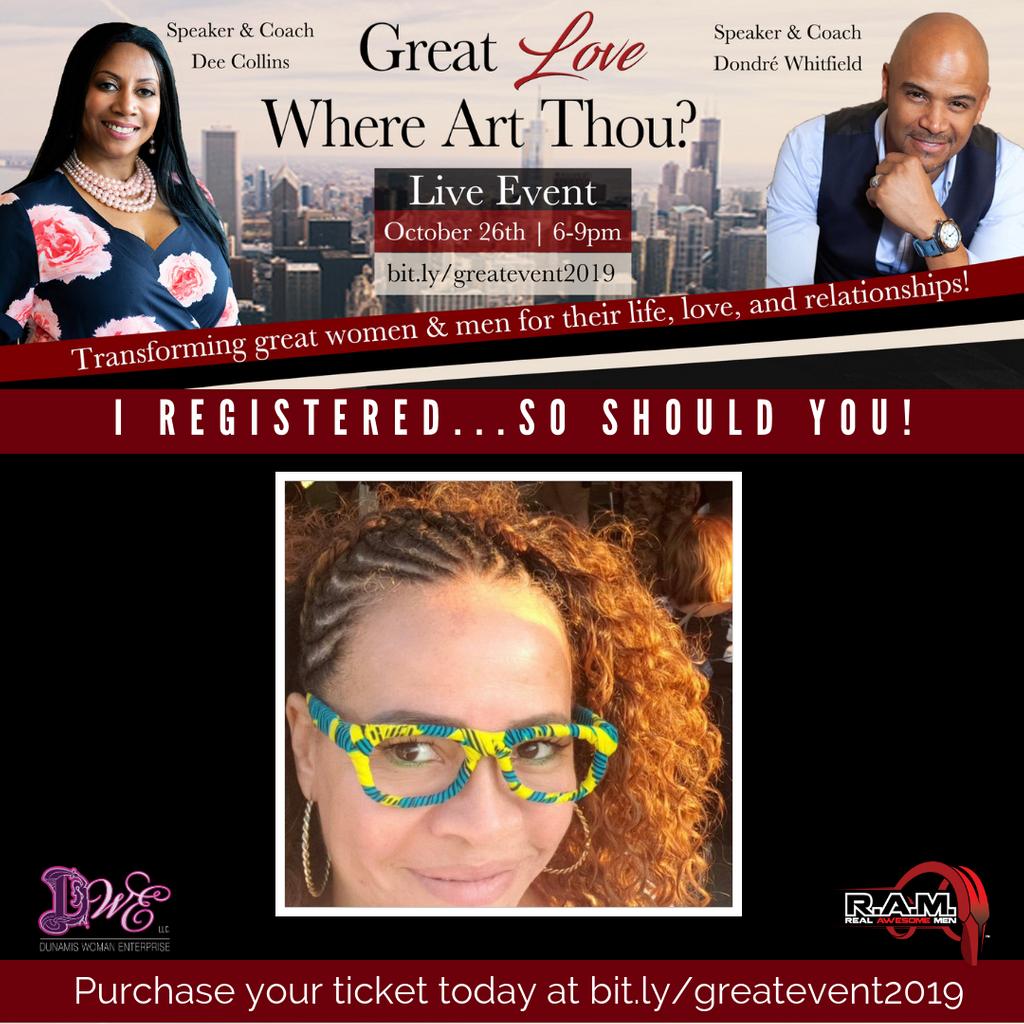 DunamisWoman's tweet image. Women are excited about our Great Love Where Art Thou?  Live Event! Make it a Ladies Night Out and bring a friend!
Register at bit.ly/greatevent2019 
#greatlove #greatman #greatwoman #dunamiswoman #blacklove #relationships  #blackmarriage #blackandmarried #queensugar #chicago