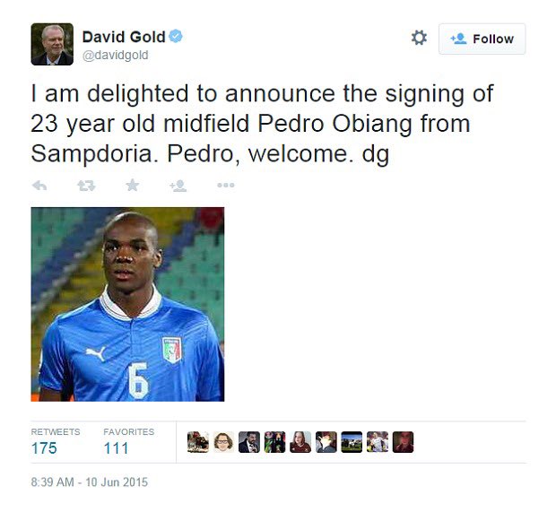 #48David Gold is a Twitter sensation.And one of his finest moments came when he announced the signing of Pedro Obiang with a photo of Angelo Ogbonna, who we signed a month later.Conspiracy theories all round.