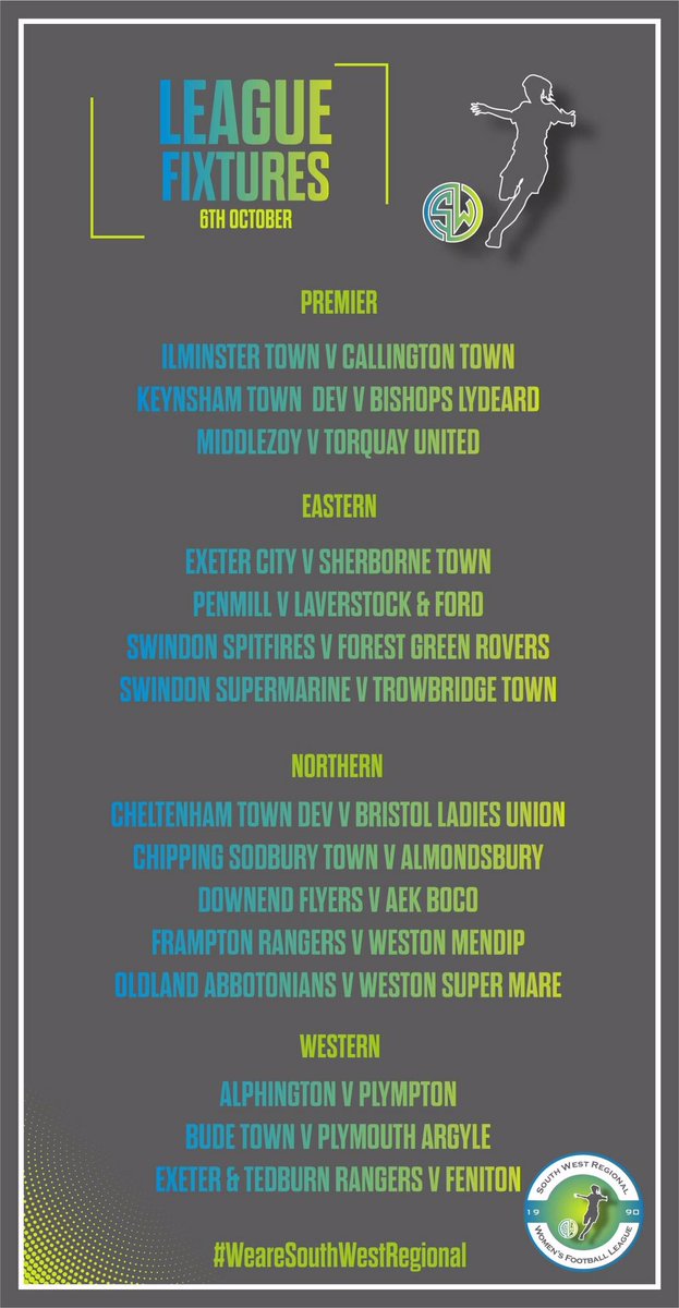swwfl's tweet photo. This Sunday’s #SWRWFL fixtures 🙌🏼

Good luck to all our member clubs &amp; players who are playing this weekend. 

#WeAreSouthWestRegional ⚽️ https://t.co/1s2DvPxcwt