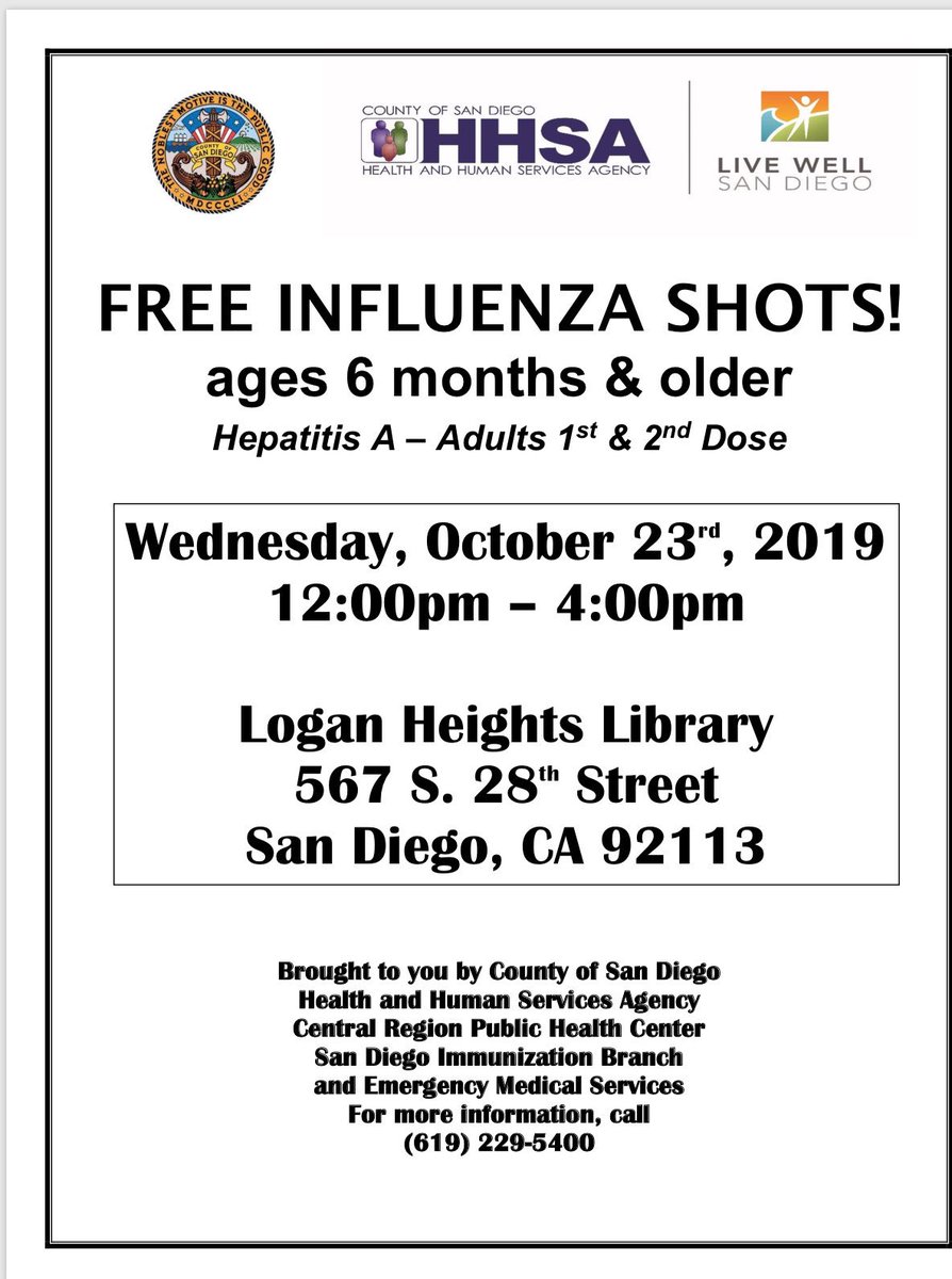 bjimenez_cosd's tweet photo. Flu season is here! @SDCountyHHSA Central Region in collaboration with #LoganHeightsLibrary will be offering FREE VACCINES on October 23rd, 12pm-4pm, at #LoganHeightsLibrary @CityofSanDiego Protect yourself and get vaccinated! #fightflu @SDPublicLibrary https://t.co/BoRA05OAKu