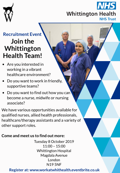 Whittington Health NHS Trust (@whithealth) on Twitter photo Want to join the <a href="/WhitHealth/">Whittington Health NHS Trust</a> team?! Come to our event on Tuesday from 11.00am - 3.00pm to find out about our opportunities to join us as a nurse, AHP, healthcare or therapy assistant and a range of other roles in our hospital or community services! More at workatwhithealth.eventbrite.co.uk Want to join the <a href="/WhitHealth/">Whittington Health NHS Trust</a> team?! Come to our event on Tuesday from 11.00am - 3.00pm to find out about our opportunities to join us as a nurse, AHP, healthcare or therapy assistant and a range of other roles in our hospital or community services! More at workatwhithealth.eventbrite.co.uk