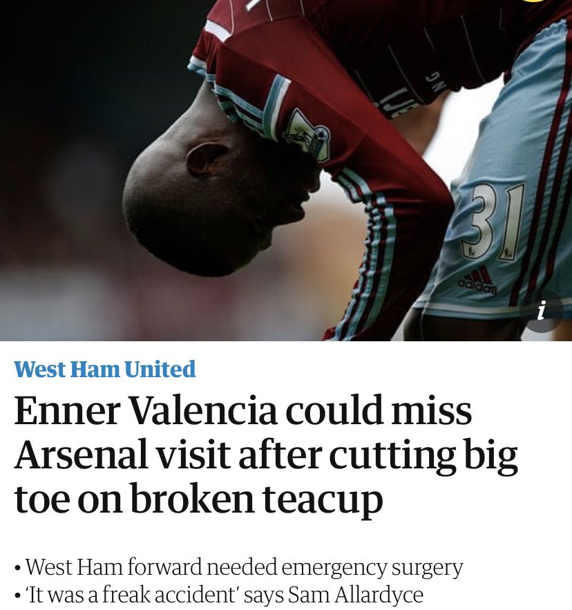 #14Enner Valencia’s second appearance on this list. What an achievement.In March 2015, he suffered one of the strangest injuries you’ll ever see.Some say it was a mug, some say it was a teacup. This injury is still shrouded in mystery.