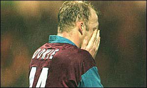#7In 1996, we played Stockport County in a League Cup tie.With West Ham 1-0 up, our beautiful striker Iain Dowie rose like a salmon to head to ball into the net.Unfortunately, it was his own net. One of the worst own goals in history. Seriously, YouTube it.We lost 2-1.
