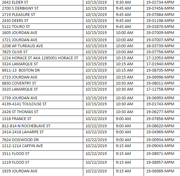 CodeOrleans's tweet photo. Here's Code Enforcement's hearings schedule for October. Do you live near one of these properties? Neighbors are invited to attend and may also bring recent photos and share testimony indicating continued conditions of public nuisance and blight. #CityofYes #FighttheBlight https://t.co/HIfhcGzts9