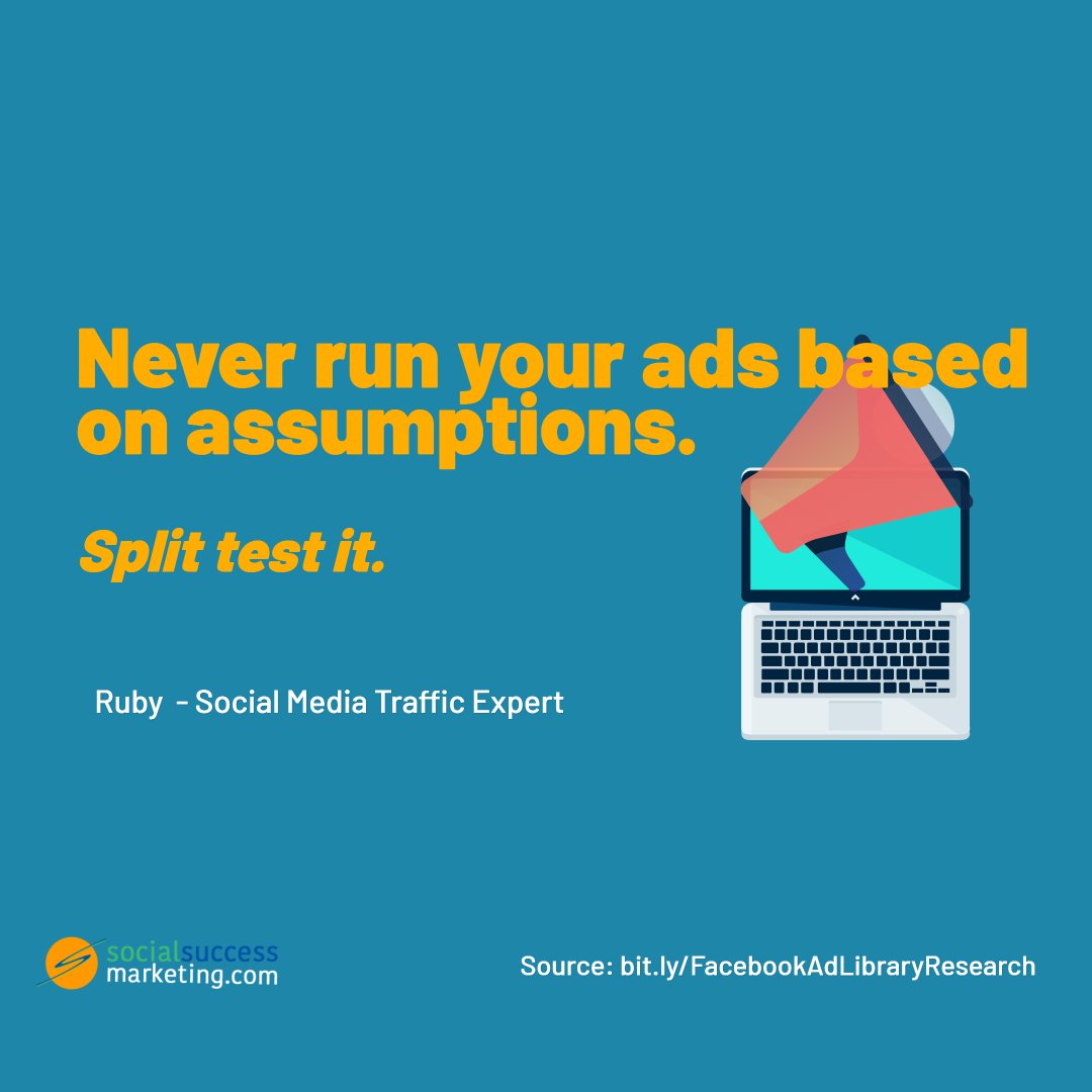 SocialSMktg's tweet image. Never run your ad based on assumptions. 

Source: socialsuccessmarketing.com/facebook-ad-li…

#SocialMediaMarketing #FacebookMarketing