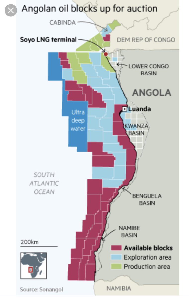 2- That small land above the DRC that is considered part of Angola is the oil-rich Cabinda where Chevron operates the most lucrative offshore Angolan fields. The green color indicates producing areas.