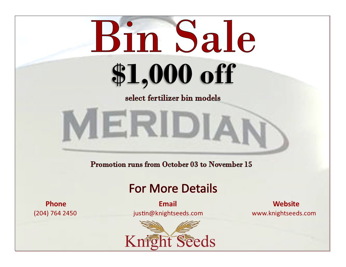 KnightSeeds's tweet image. Do you have enough storage? Take advantage of Meridian's latest promotion!  Lots of aeration bins in stock as well with fast delivery. @meridianmfg @MeridianWinkler #harvest19