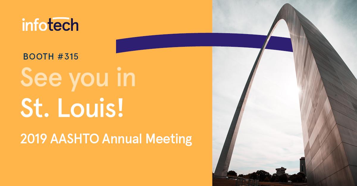 infotechinc's tweet photo. We’re headed to St. Louis, MO for the 2019 #AASHTO Annual Meeting. As the official AASHTOWare Project contractor, we’re looking forward to talking shop with the #transportation officials who use the software we support. Stop by booth #315 and say hi!  #AASHTOWare https://t.co/Wm8ubgnZdU