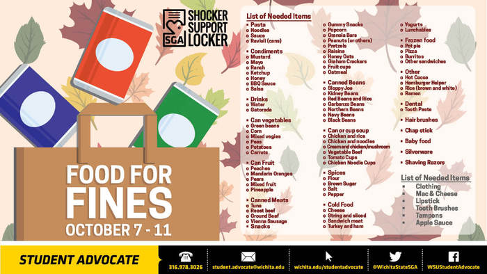 ShockerParking's tweet photo. The Food for Fines program enables you to support the Shocker Support Locker, get certain parking citations forgiven and refresh your knowledge of parking by taking our parking quiz!  Find out more by contacting the SGA office. @WichitaState @WichitaStatePD @WichitaStateSGA https://t.co/oH7Fx2OTsI