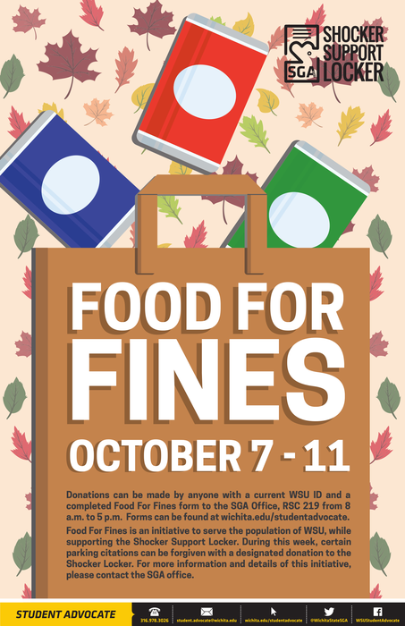ShockerParking's tweet photo. The Food for Fines program enables you to support the Shocker Support Locker, get certain parking citations forgiven and refresh your knowledge of parking by taking our parking quiz!  Find out more by contacting the SGA office. @WichitaState @WichitaStatePD @WichitaStateSGA https://t.co/oH7Fx2OTsI