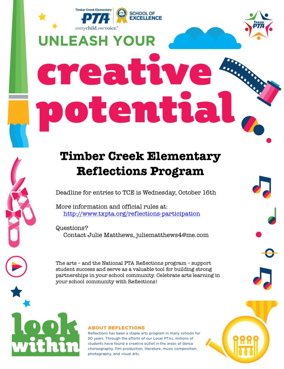 TimberCrElemPTA's tweet photo. Have you signed up YOUR Tiger to participate in our Reflections Art Contest. 🎨🎭🖌️🖼️
#backthefuture #joinPTA #TCEPTA #TigerPTA #TCEroars #PTAExcellence #PTAProud https://t.co/pRptVELlJJ