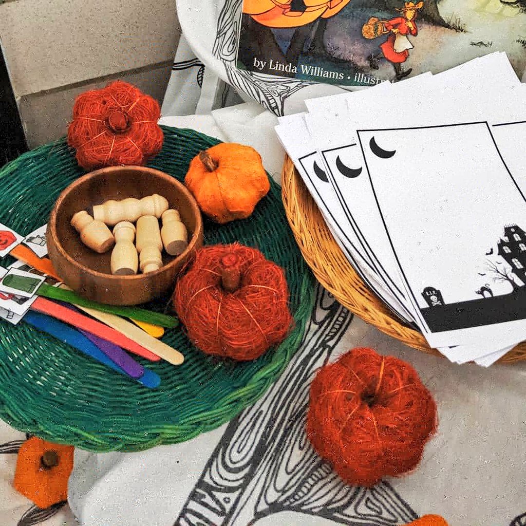 Another Fall Invitation to Play! We really enjoyed reading The Little Old Lady Who Was Not Afraid of Anything. This invitation engages students with options to retell and act out the book, and to write their own spooky stories. #InvitationToPlay #KindergartenRoom108 #EPICIHPS
