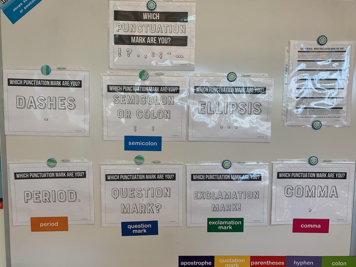 WVMSDragons's tweet image. National #Punctuation Day? 🙌🏽 Of course ELA Ts at #WVMS must celebrate!! 🎉  Ss took a fun quiz and connected with the #punctuationmark that is most like them! #Semicolon #LMSD #WVMS #ELA #iteach #MiddleSchoolFun