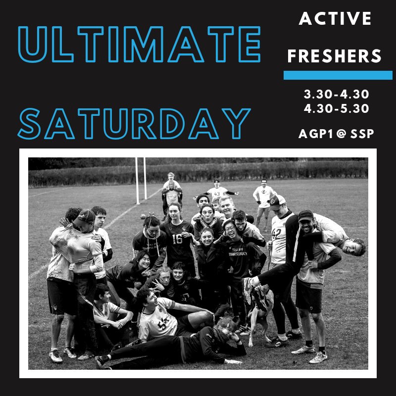Active Freshers Session tomorrow! Try out the sport at one of our two taster sessions!

<a href="/UosUltimate/">Team Surrey Ultimate</a> <a href="/teamsurrey/">Team Surrey</a> <a href="/UniOfSurrey/">University of Surrey</a> <a href="/SurreyUnion/">SurreyStudentsUnion</a>