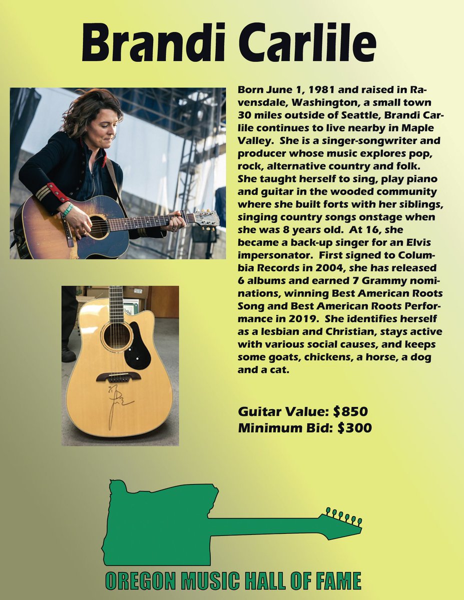 Oregon Music Hall of Fame (@omhof) on Twitter photo We are auctioning off a signed <a href="/brandicarlile/">Brandi Carlile</a> autographed guitar on October 12th at <a href="/aladdintheater/">Aladdin Theater</a> for our 13th annual induction ceremony. Join us? We are auctioning off a signed <a href="/brandicarlile/">Brandi Carlile</a> autographed guitar on October 12th at <a href="/aladdintheater/">Aladdin Theater</a> for our 13th annual induction ceremony. Join us?