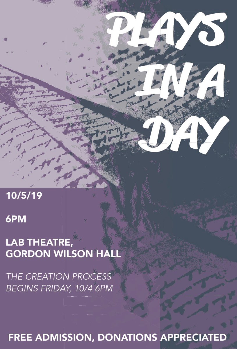 WKUTheatreDance's tweet photo. Plays in a Day is a festival that celebrates &amp; initiates ultimate creativity. It produces several 10-minute plays that are written, directed, &amp; performed by students, all within 24-hours. Come see it come altogether tomorrow @ 6 PM in the Lab Theatre, Gordon Wilson Hall. https://t.co/vBrJKsiS4s